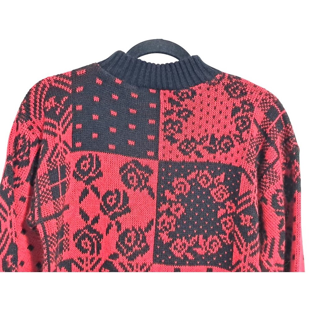 Vintage 80s Floral Sweater Womens S Red & Black Patchwork by Separate Issue - Picture 7 of 9